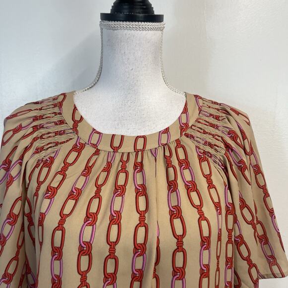 Ann Taylor Blouse Top size Small Khaki Red Pink Chain Print Smocked Stretch - Picture 3 of 7
